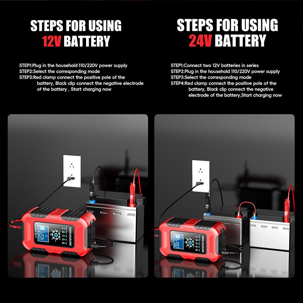 12V/24V 10A Multifunction Smart Charger for Motorcycle, Car & Van Repair