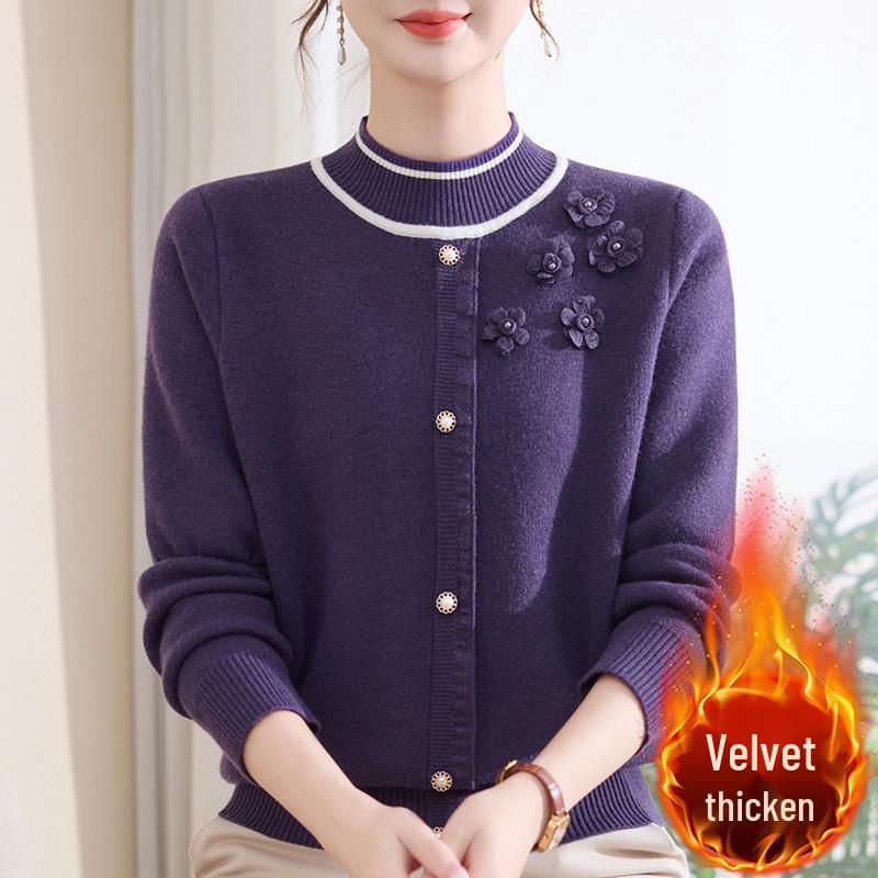 Stylish Plus Velvet Knit Sweater for Middle-Aged & Elderly Women - Warm Winter Base Layer
