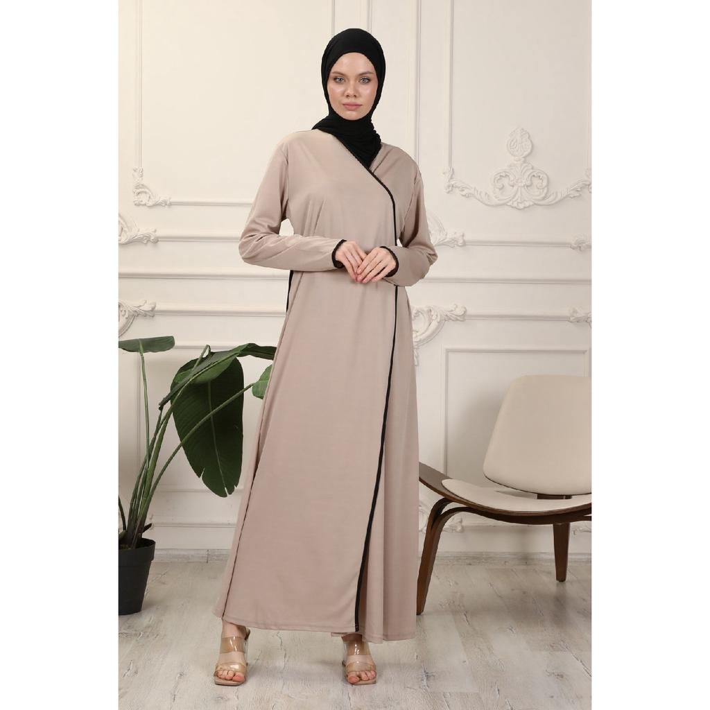 Black Double Breasted Neck Piping Flexible Interlock Fabric Prayer Dress