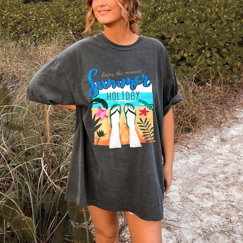 Spring Summer Letter Beach Sea View Pattern Printed Women's Loose Casual Round Neck Pure Cotton Short Sleeved T-Shirts Women’s