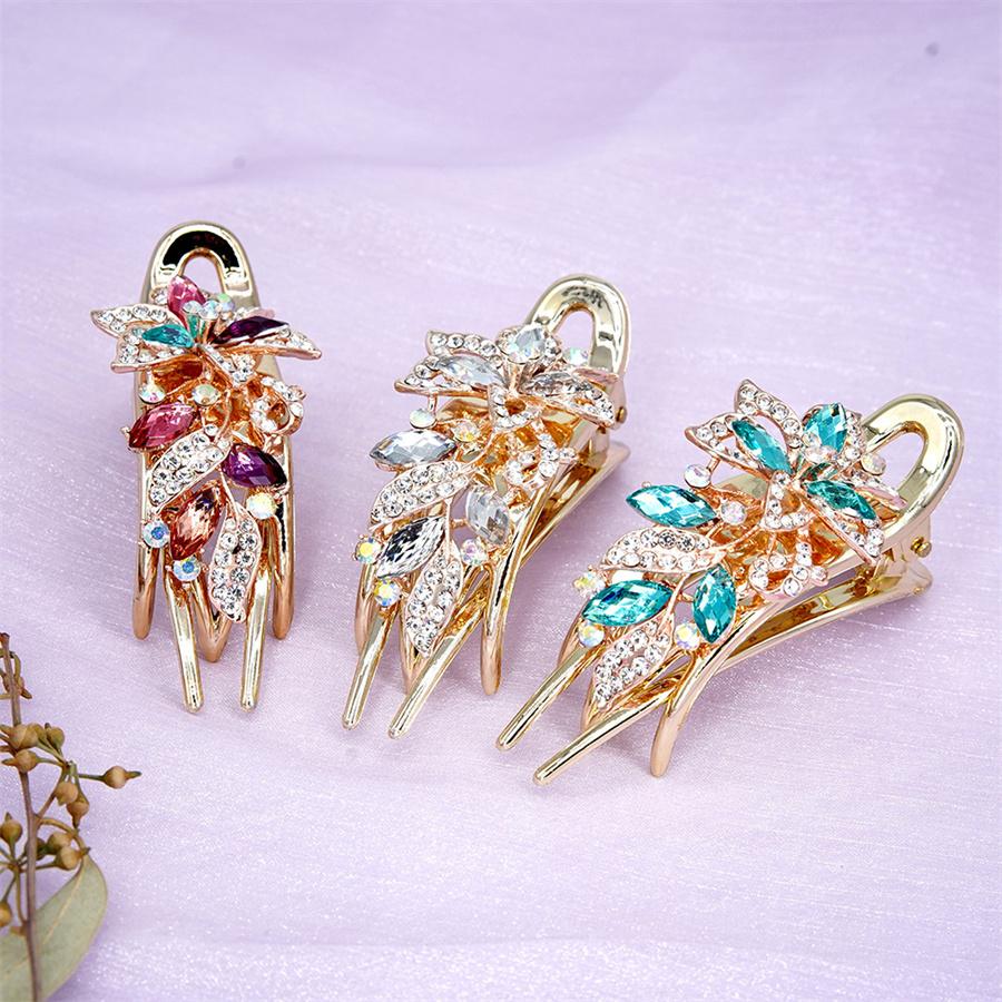 Elegant Crystal Double Flower Hair Claw Hair Grab Duckbill Clip For Women Headdress Hair Accessories Rhinestone Hairpin Headwear