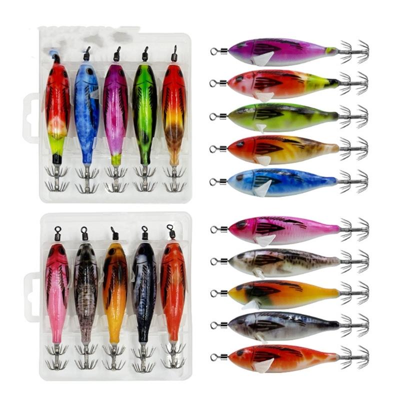 8cm 5.6g Glow Squid Jig Shrimp Lure Baits Squid Glow Jig Hook for Saltwater Fishing Artificial Baits 5pcs