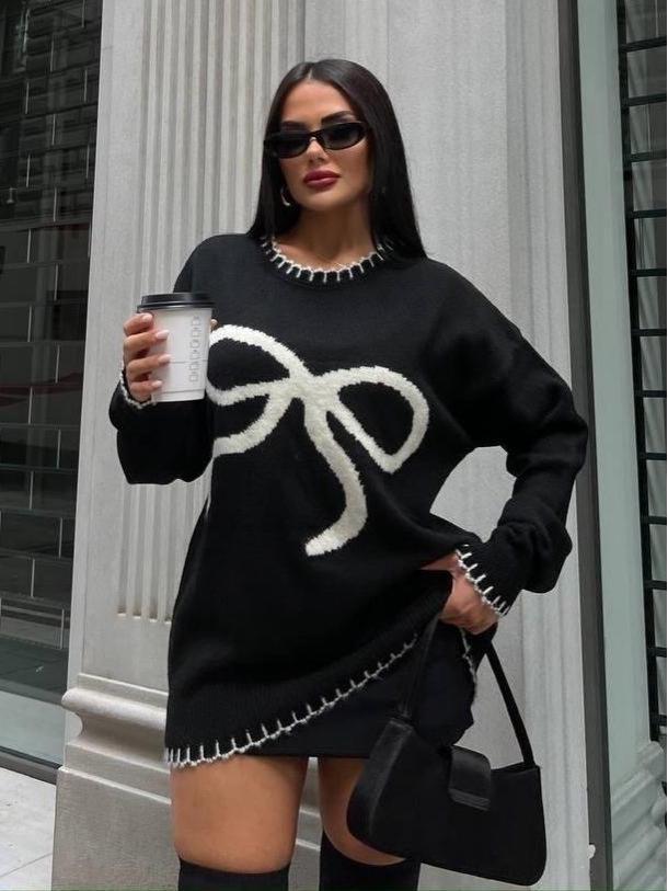 Dámský podzimní/zimní svetřík s mašlí - Evropský a americký styl Kulatý výstřih Pletený pulovr