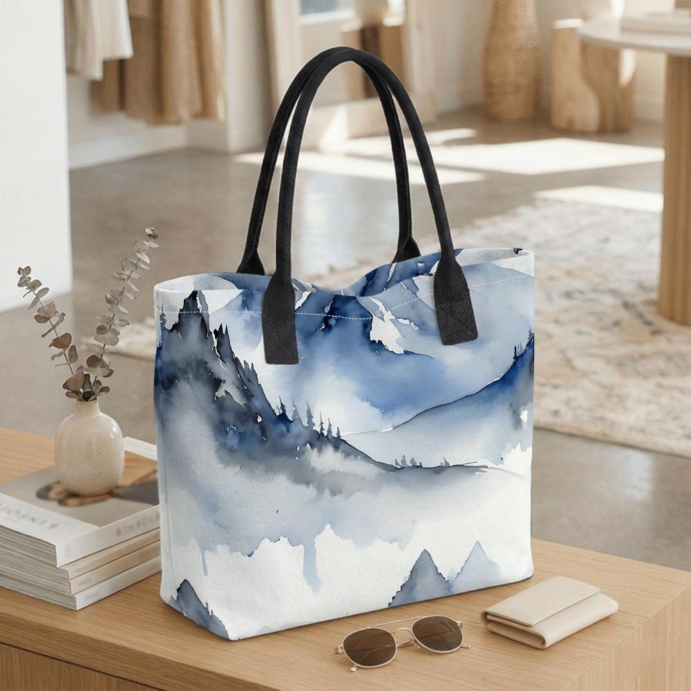 Watercolor Mountain Print Tote Bag Fashion Large Capacity Shoulder Bag for Daily Use
