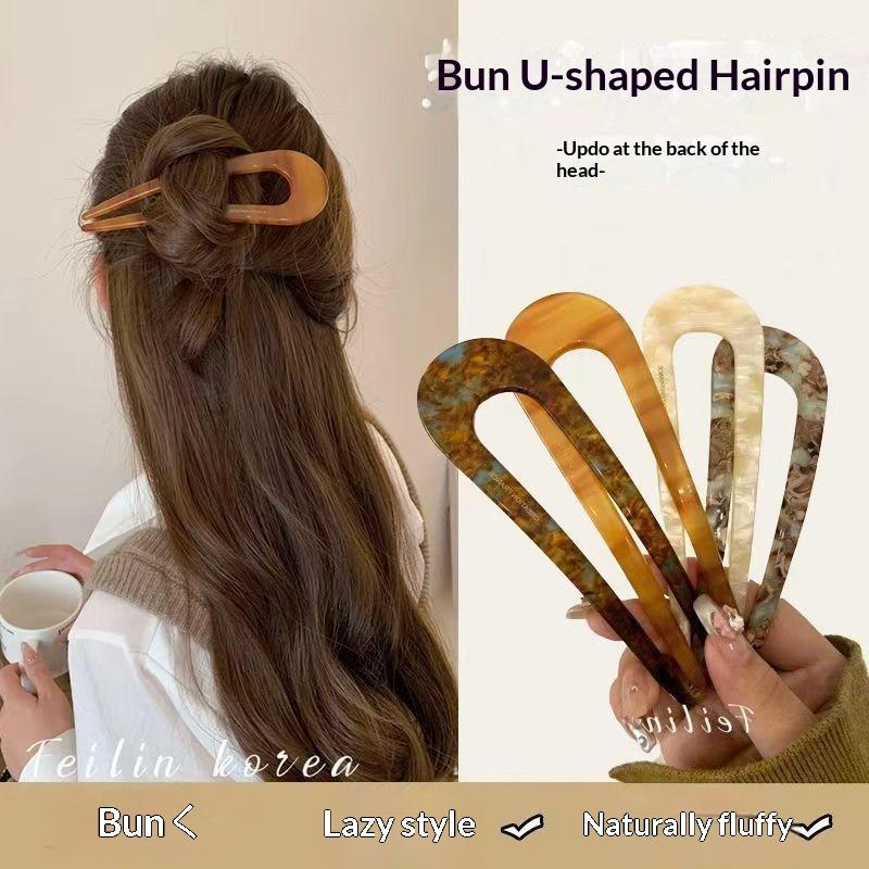 Large U Shaped Hair Forks Marble Acrylic Texture Strong Hold For Messy Bun Hairstyles Daily Wear Parties Office