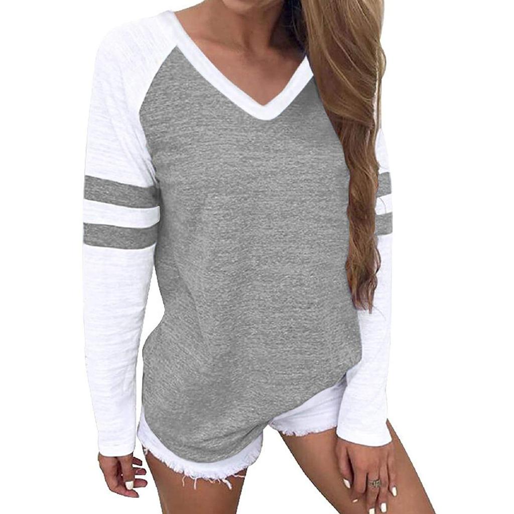 Fashion Women's V-collar Splicing Long Sleeves Leisure Time Tops Blouses
