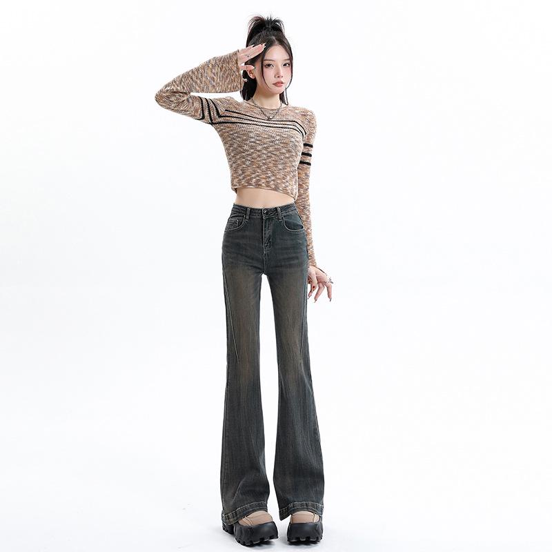 Women s High-Waisted Micro-Flare Jeans - Gray Velvet, Slimming, Floor-Length, 2024 Autumn/Winter. XS