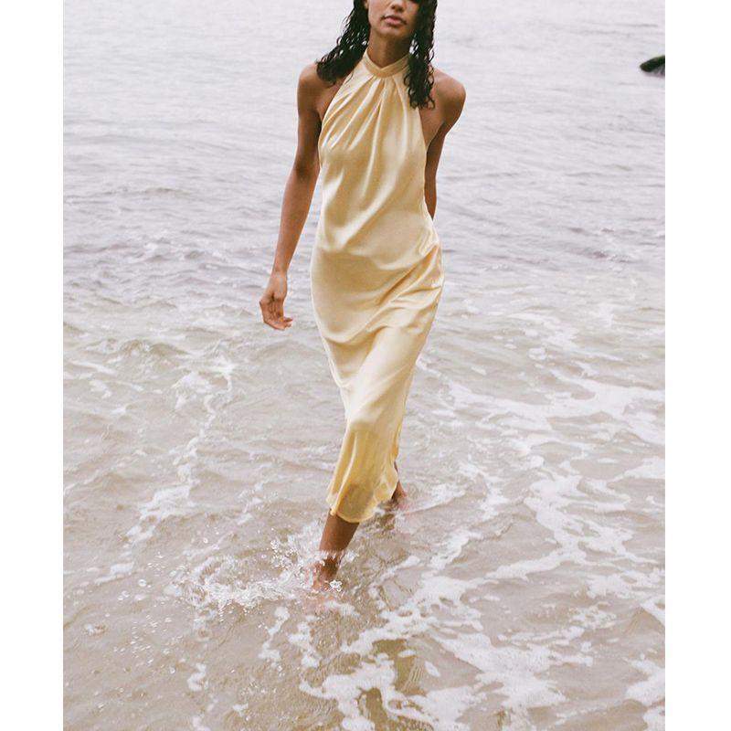 Summer New Product Women clothes French style Design Silk Satin Texture Neck Collar Midi Dress 3592399