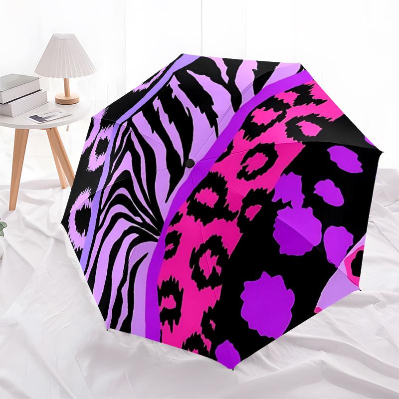 1pc Animal Prints Zebra and Leopard Patterns Automatic Folding Umbrella - Compact 8-Rib Design, Durable Plastic & Iron, Lightweight Daily Use094