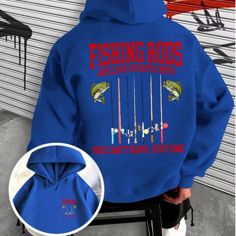 Humorous Fisherman Quote Mens Hooded Sweatshirt Bass and Multiple Fishing‑Rod Print Casual Outdoor Street‑Wear Hoodie