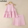 VONDA 2PCS Women Sets Sleeveless Ruffled Tanks and Elastic Waist Shorts Texture Outfits