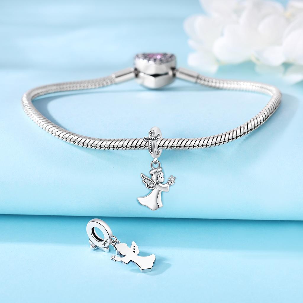 Orstarry S925 Silver Beads Pendant Characters Angel Cross Charm Religious Symbol For Bracelet DIY Jewelry Making Gifts