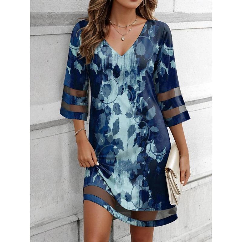 

YYFS женские модные летние весенние цветочные узоры с рукавами 3/4 и v-образным вырезом, свободные повседневные платья с талией XXXL