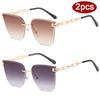 2pcs Fashion Rimless Large Cat Eye Sunglasses Women Gradient Brown Cutting Lens Sun Glasses For Female Alloy Eyeglasses UV400