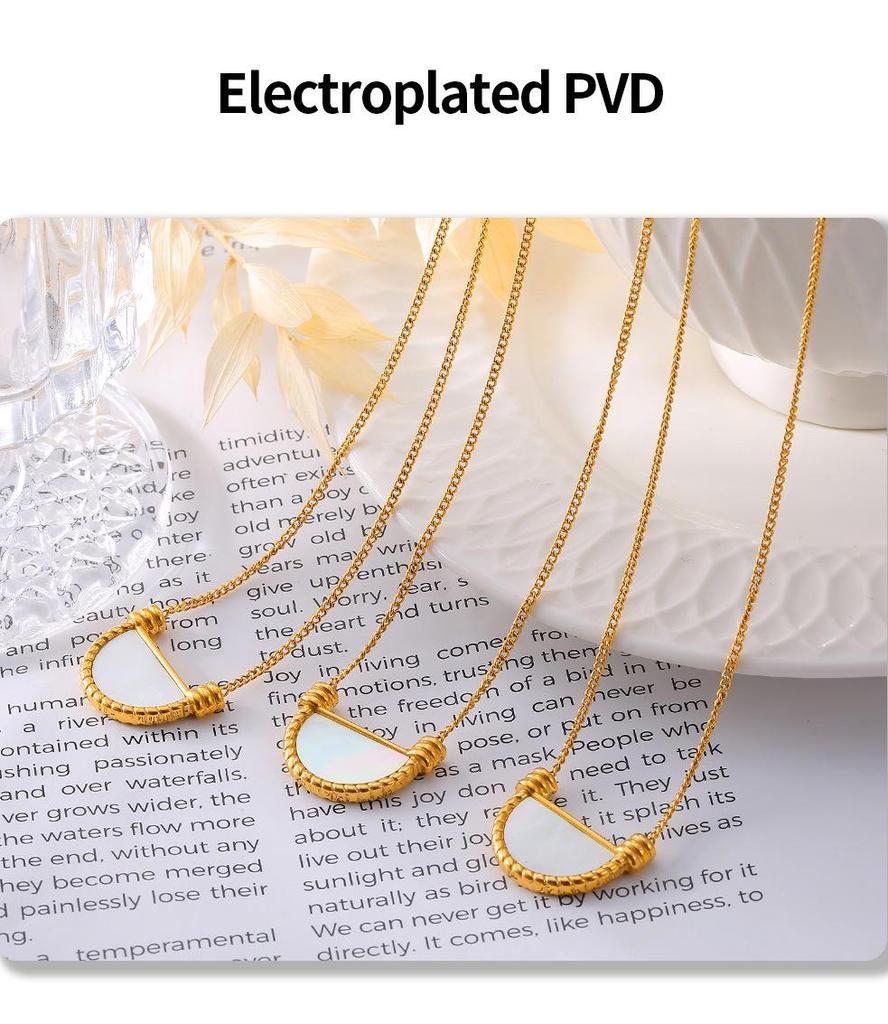 French Retro Geometric White Mother-of-Pearl Pendant Clavicle Chain Earrings In Titanium Steel and 18K Gold for Women