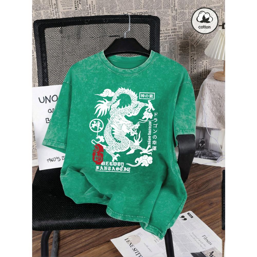 Japanische Harajuku Drachenaufdruck Damen Gewaschene T-Shirts Lässiges T-Shirt Sommer Hip Hop Streetwear Baumwolle Übergroße Kleidung