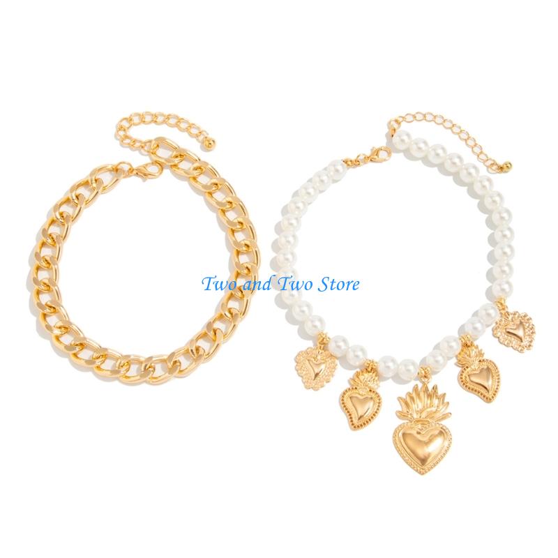 HX6F Modern 2PCS Metal Chain Jewelry Set With Pearls Accents Elegant Pearls Heart Anklet For Women Stylish Outfits