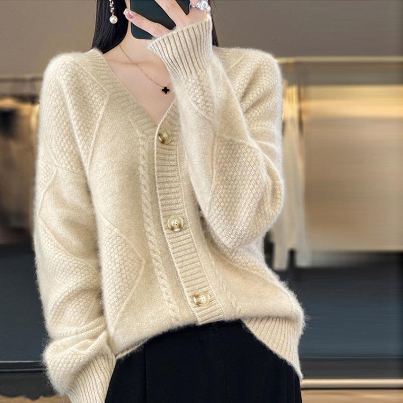 Mode Herfst Winter Effen Kleur Vest Lange Mouwen V-hals Enkele Rij Knopen Jacquard Gebreide Trui