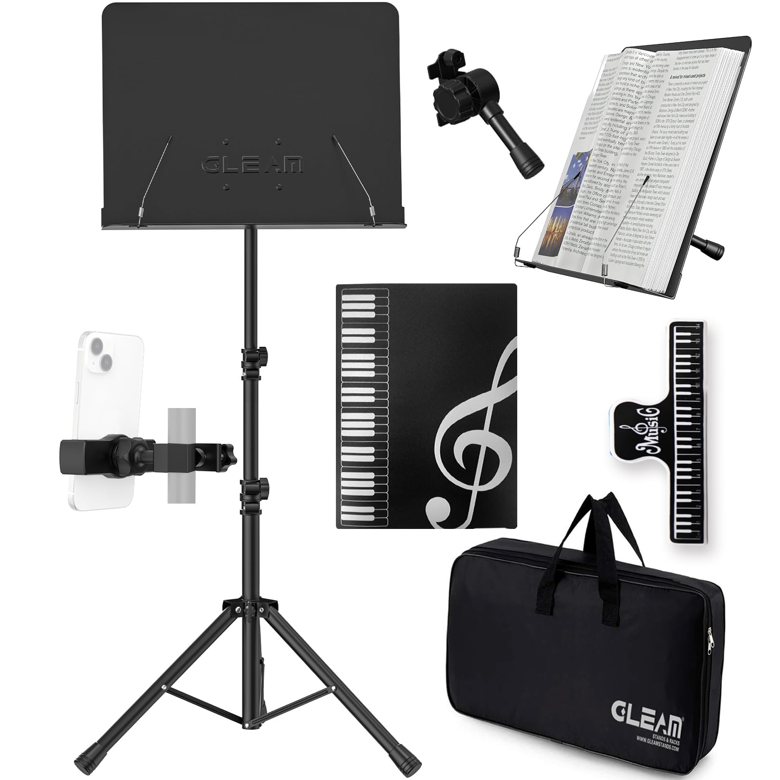 

GLEAM Music Stand Metal Music Stand with Carrying 2 Includes Music File File and Storage Reading Writing Spectrum Music Holder - Bag, Functions, Clip, чёрный