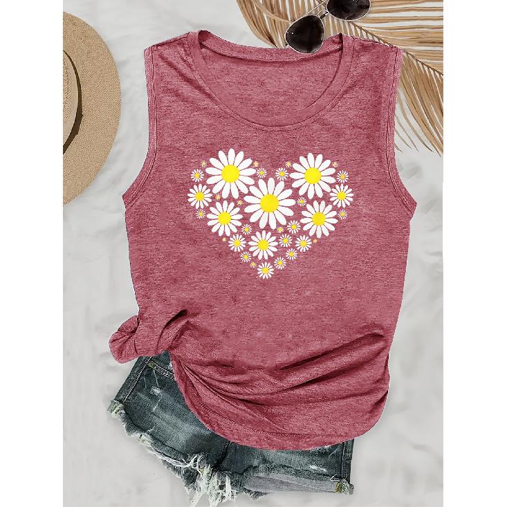 Elegant Vest for Women Daisy Heart Print Casual Loose Summer Vest Fashionable and Elegant Tops for Commuting, Vacation, and Everyday Wear, Available