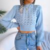 Women's Autumn and Winter Solid Color Hollow Striped Lantern Sleeve Crop Knit Sweater