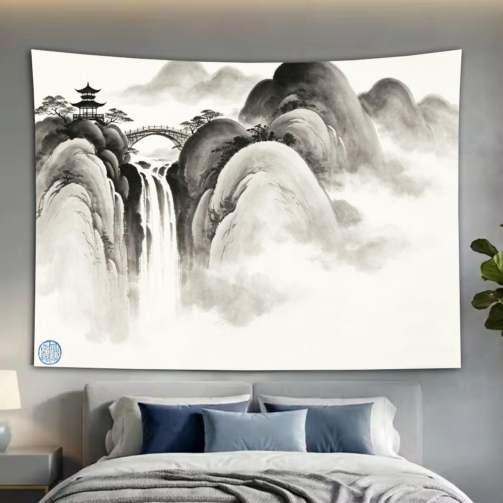 VIKAMA Zen Mountain Tapestry, Black Ink Landscape Waterfall Rock Path Asian Decor