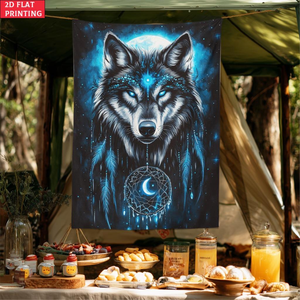 Blue Wolf Dreamcatcher Moon Night Sky Wall Tapestry Boho Chic Home Decor 2D Flat Printing