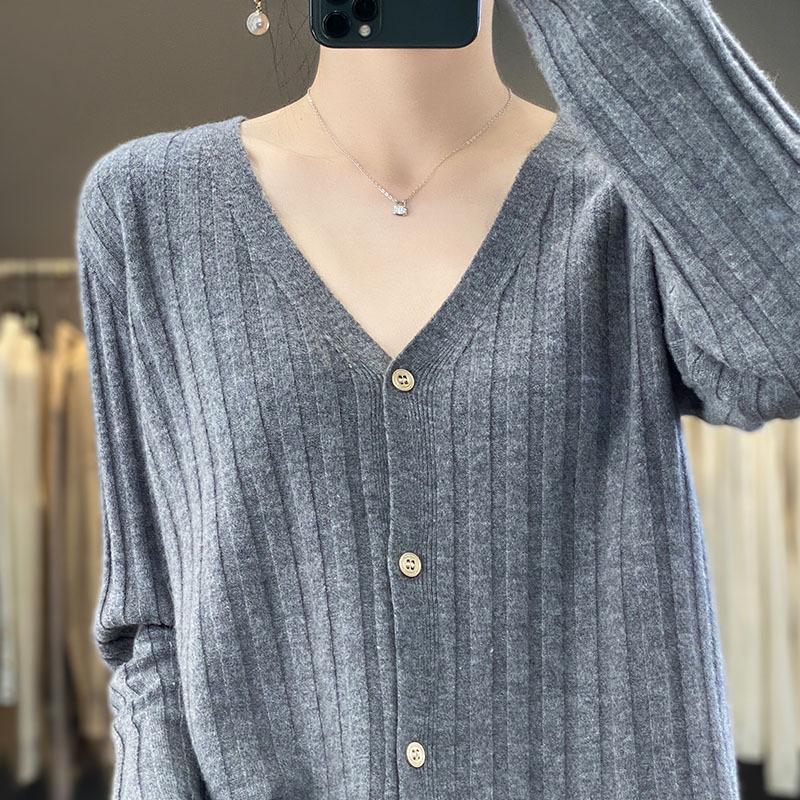 2025 Autumn/Winter Women's 100% Wool V-Neck Ribbed Cardigan Sweater, Versatile Loose Cashmere Coat