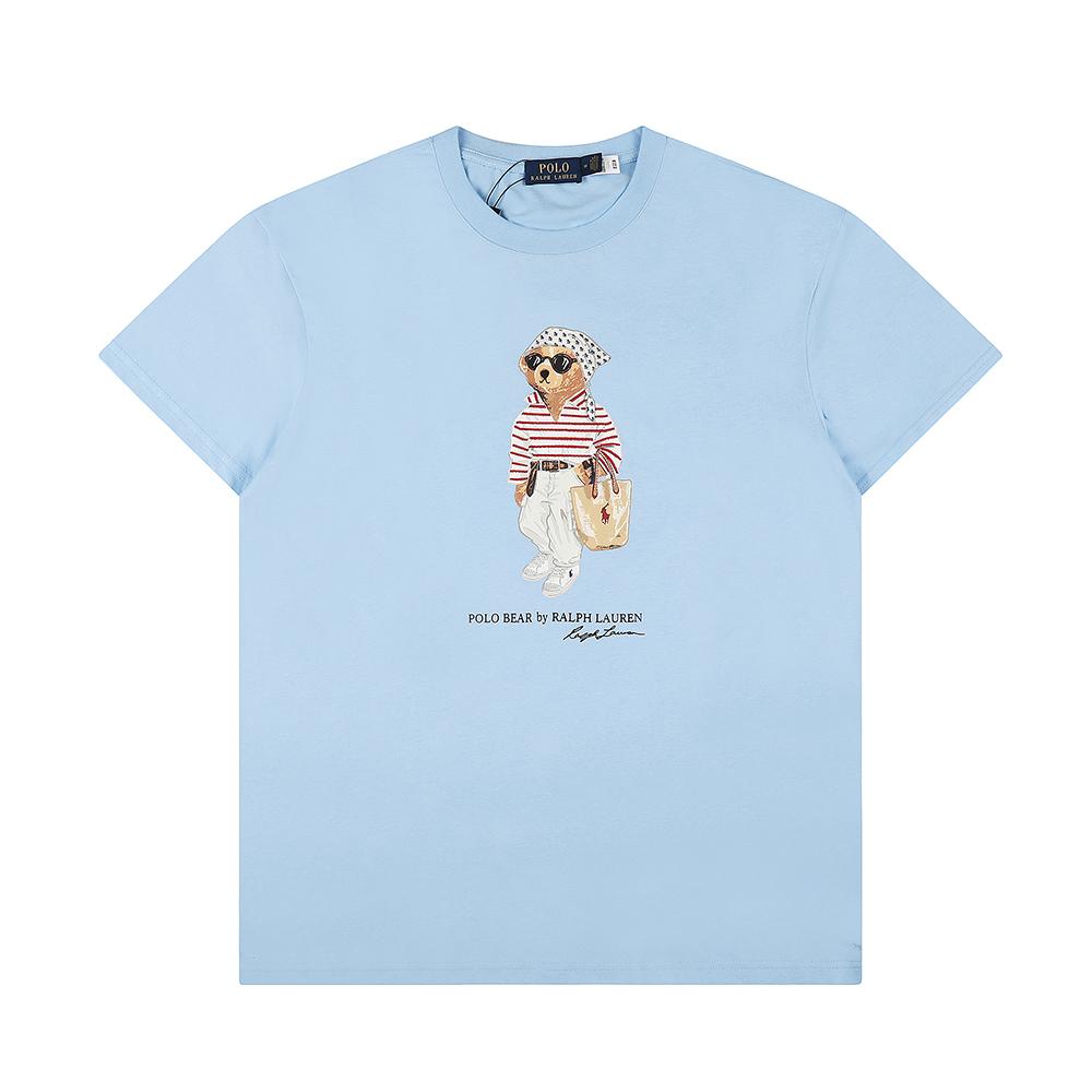 Ralph Lauren Zomer Heren en Dames 100% Katoen Polo Beer T-shirt met Modieuze Gestreepte Beer Print & Handtekening XL hemelsblauwe kleur