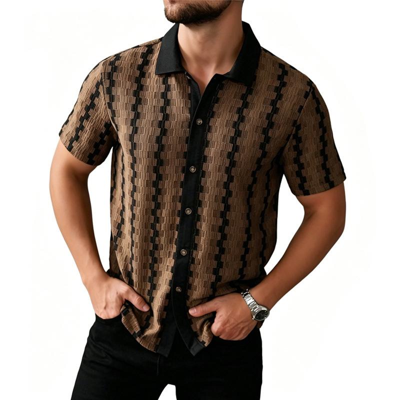 Men s Summer Shirts Retro Checkered Patterns Men s Knit Short-Sleeve Shirts Men s Shirts Versatile Casual Tops S темно-коричневого