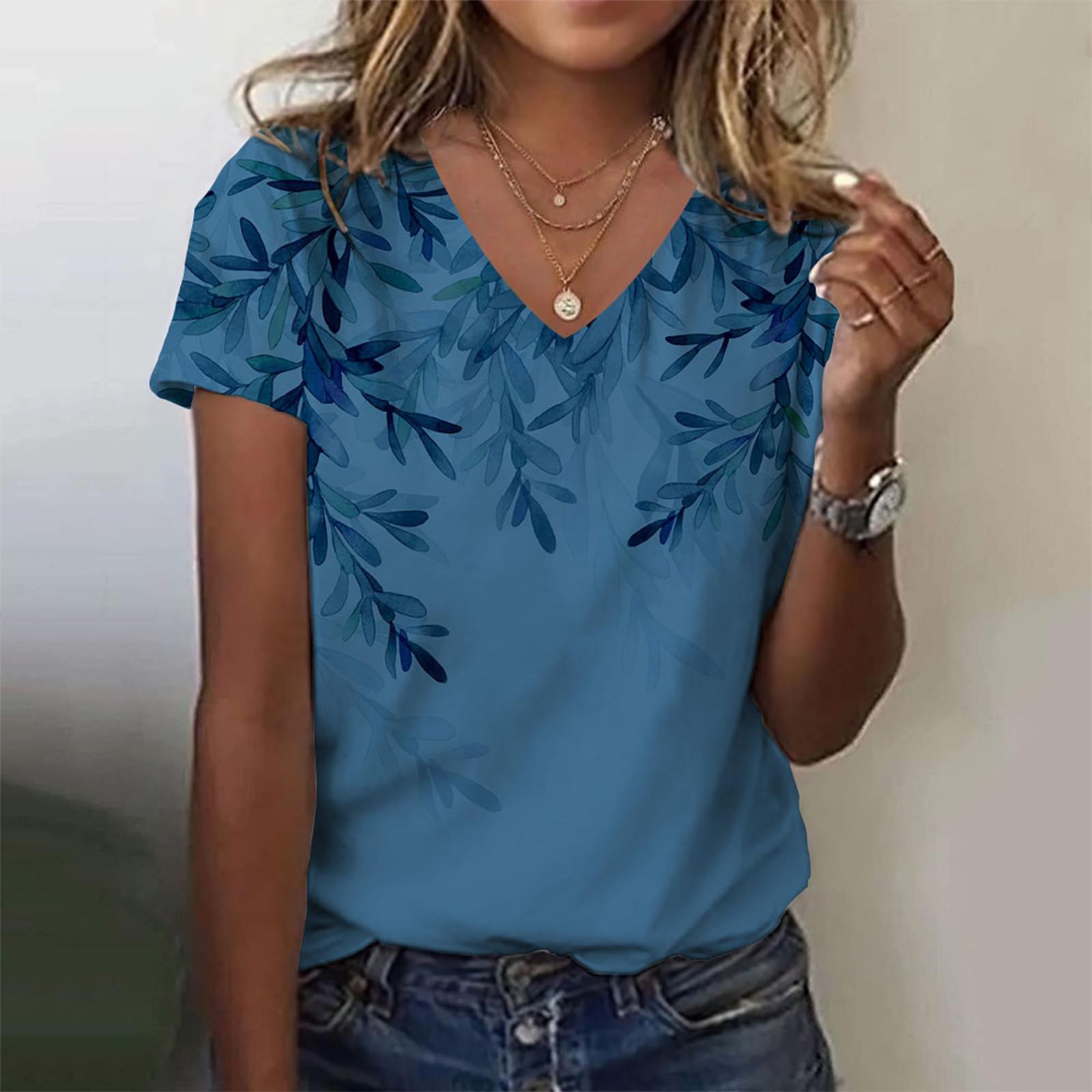 

Женская модная повседневная блузка с v-образным вырезом и коротким рукавом с принтом L синий