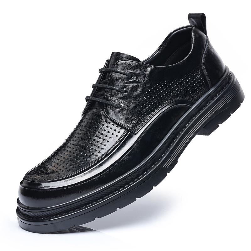 2025 Summer Hollow Breathable Business Korean Dress Shoes for Men Solid Color Lace Platform Cow Leather Shoes Man