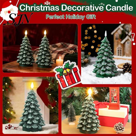 Snow Texture Candles Christmas Tree Candles, Flameless LED Flickering Wax with Remote Control, Led Flame Battery Operated Realistic Pine Decor