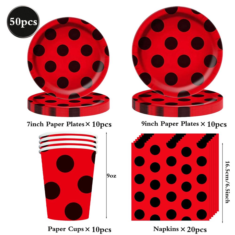 Red Black Polka Dot Party Supplies Ladybug Theme Tableware Plates Cups Napkins Balloon Kids Girl Birthday Decoration Baby Shower