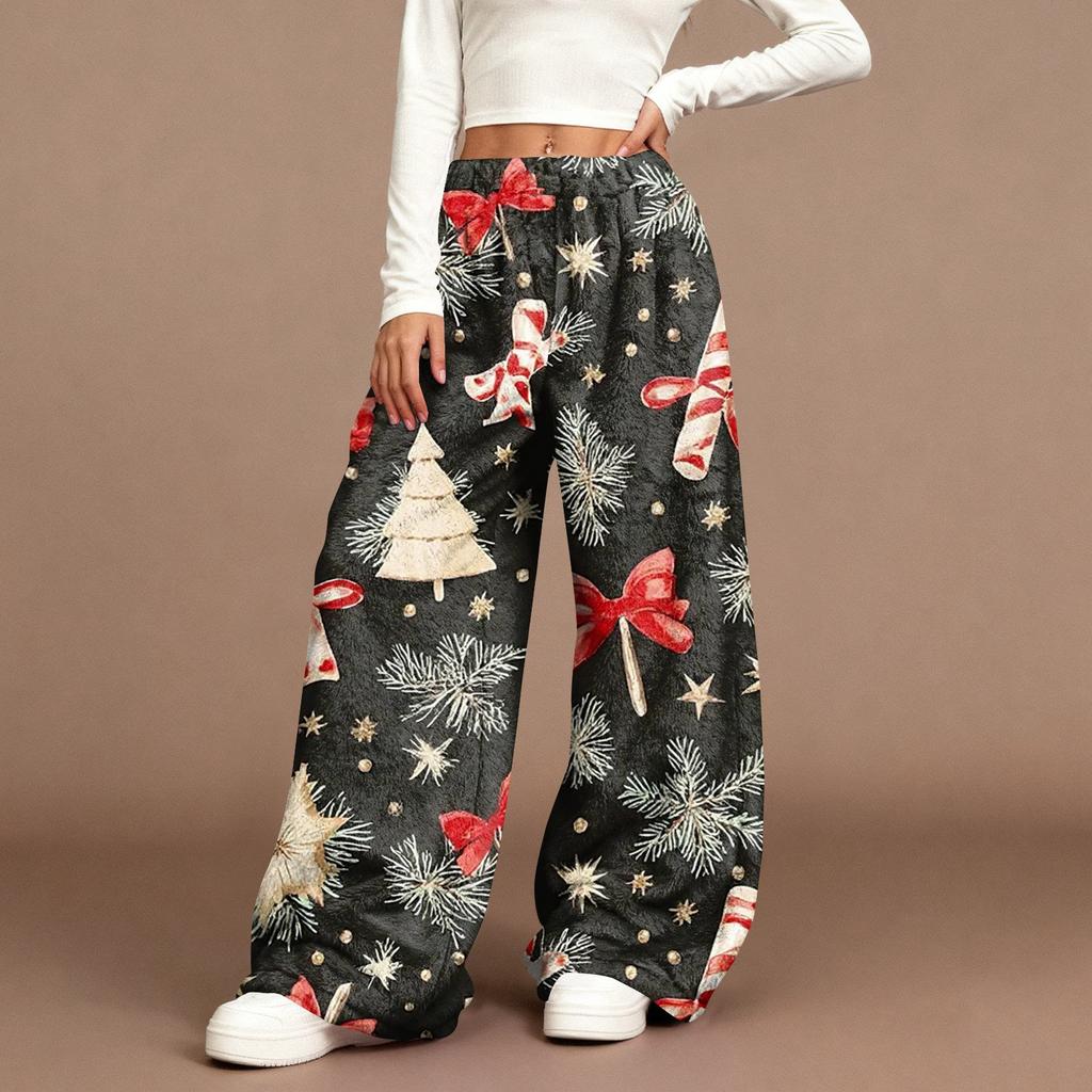 Women's Casual Fashion Christmas Print Elastic Waist Loose Plush Wide Leg Pants
