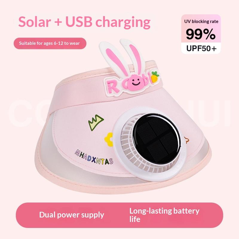 Cute Rabbit Kids Cooling Sun Visor Hat Solar Powered Fan UPF50 UV Protection for Beach Trip