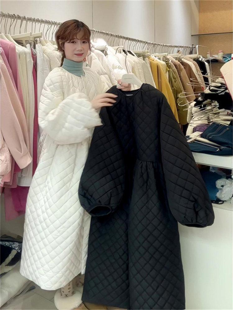 Women's Winter Retro Long Diamond Pattern Cotton Padded Jacket Coat