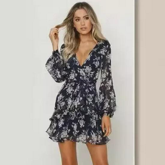 European & American Women's Long-Sleeve V-Neck Strappy Floral Dress