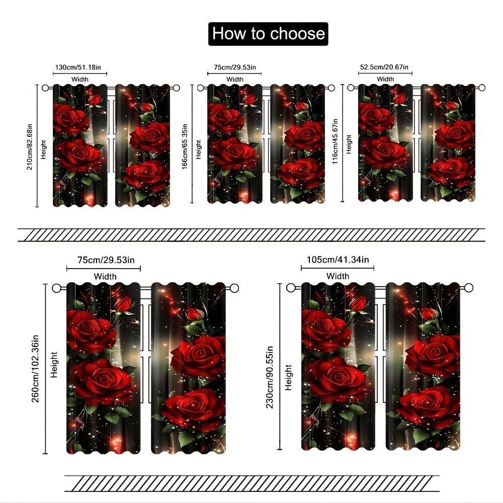 Set Of 2 Rose Illusion Door Curtains Black Background Red Sparkle Semi Translucent Bedroom Living Room Decor Light Filtering Made Polyester Window