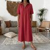 Spring Summer Linen Short Sleeve Polo Collar Straight Casual Dress, Comfortable Loose Dress for Women, Leisure