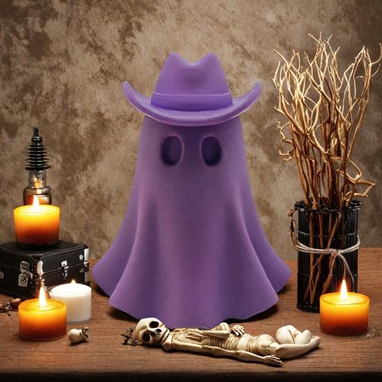 Halloween Cowboy Ghost Figurine Cute Ghost Statue Wearing Cowboy Hat