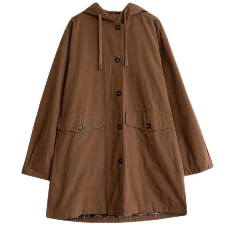 Kvinner Koreansk Vintage Hettekåpe Høst Casual Løse Lange Ermer Enkelknappet Ensfarget Lommekåpe Johnature Mote Yttertøy