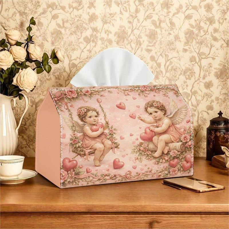 1pc 2D Flat Printed Cupid Angel Heart Floral Style Tissue Box, Suitable for Bedroom, Living Room, Dining Room, Office, Polyester Material, Large Size,