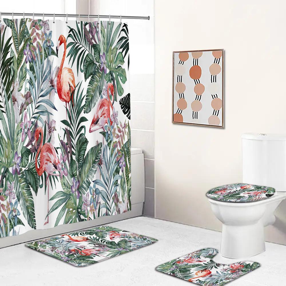

Tropical Plants Flamingo Printing Shower Curtain Set For Bathroom Non Slip Bath Mat And Bath Curtain Set Bath Rug Toilet Carpet W60H190(CM)-1 Pcs