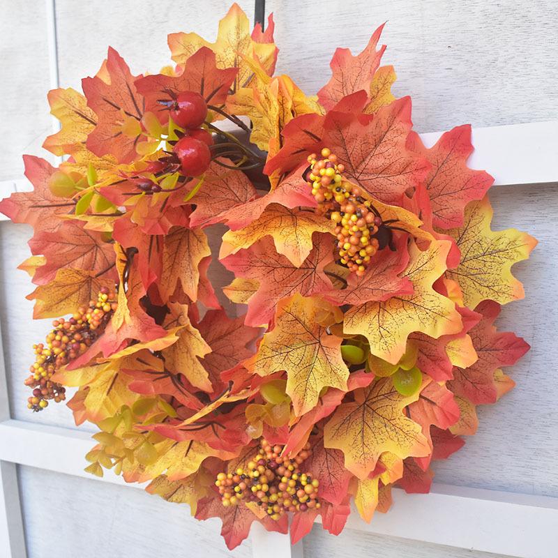 1pcs Halloween Harvest Festival Maple Leaf Wreath Autumn Pumpkin Berry Pomegranate Door Decor Silk Flower Plastic