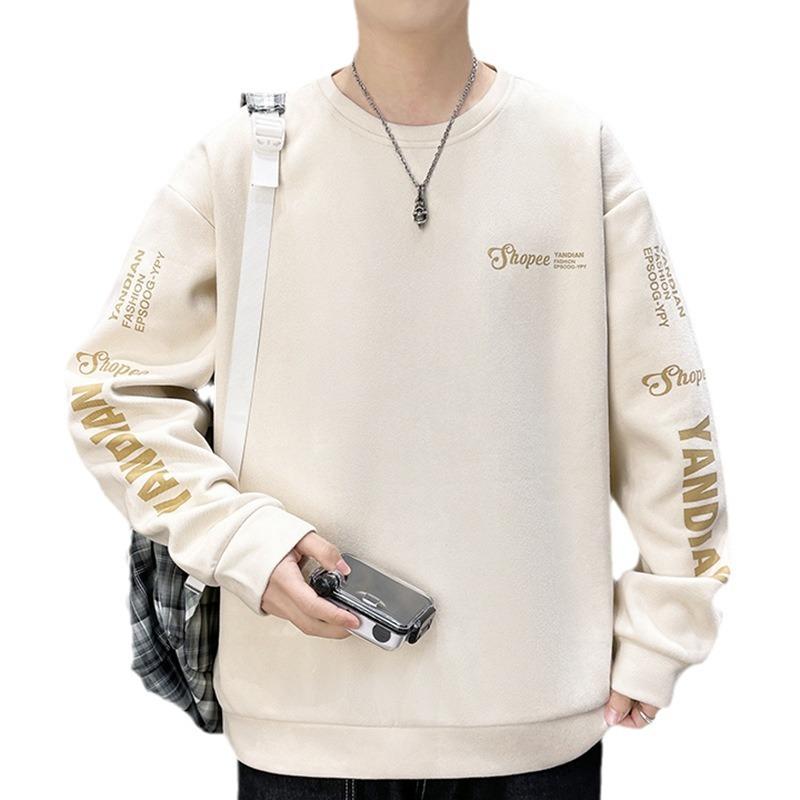 Men's Long-sleeved T-shirt Spring and Autumn Ins Round Neck Suede Printed Sweatshirt Men's Bottoming Shirt Tops Teenagers