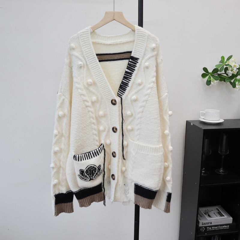 Medium and Long Ripped Design Knitted Cardigan Autumn and Winter New Loose Lazy Wind Sweater Jacket Women