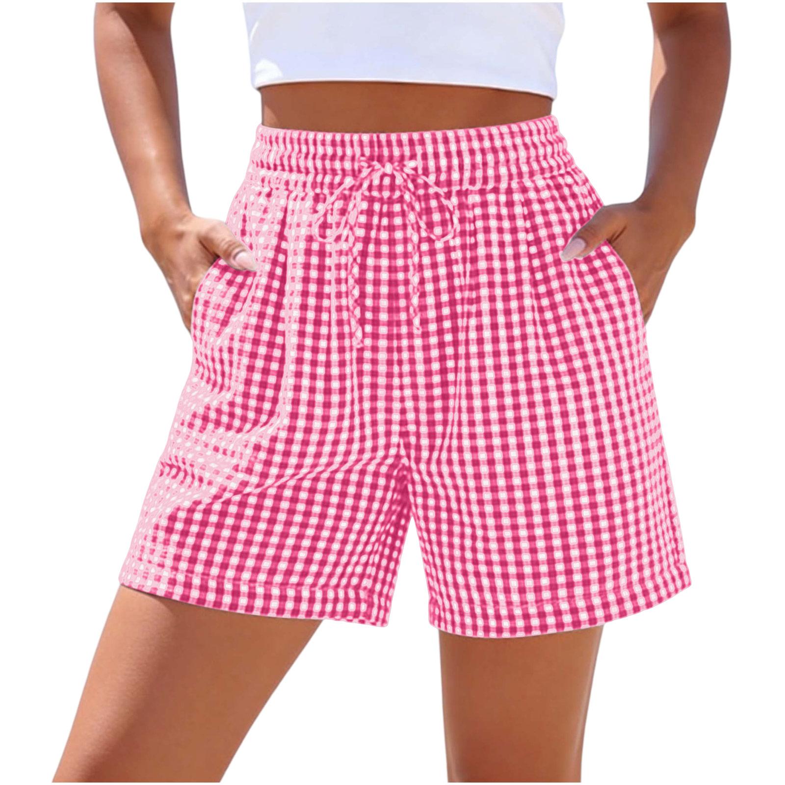 Women s Fashion Casual Loose High-Waisted Wide Leg Retro Plaid Shorts S розовый