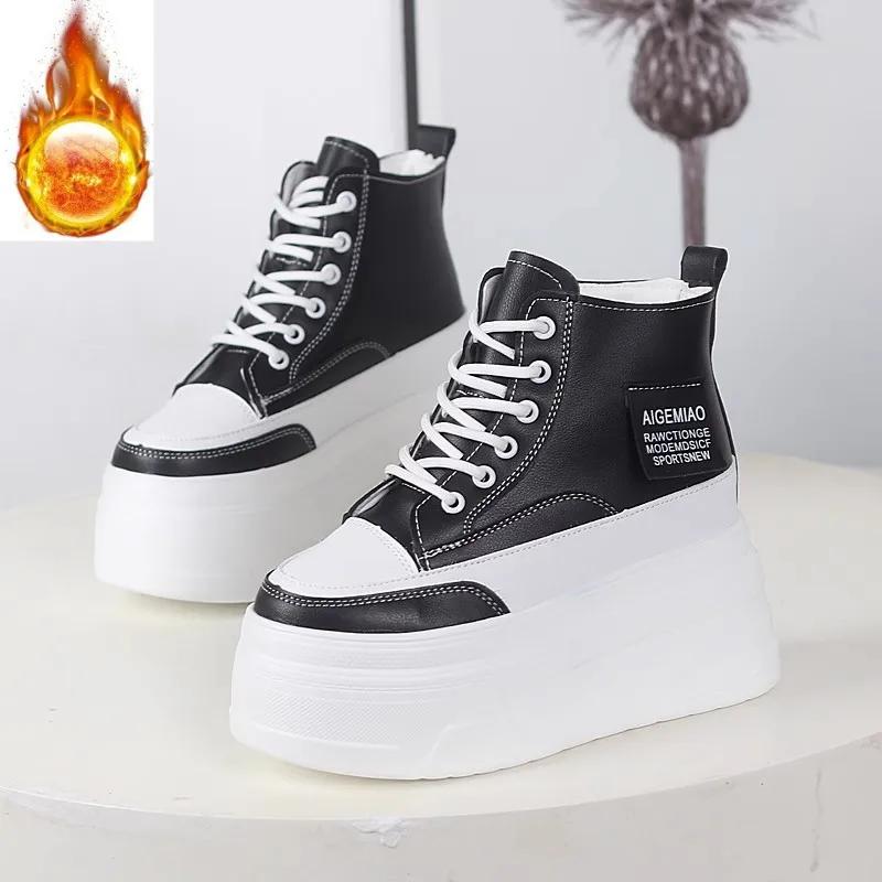 Fashion 12CM Genuine Leather Women Casual White Platform Wedge Skateboard Hidden Heel Shoes Shoes Vulcanize plush Chunky Sneakers