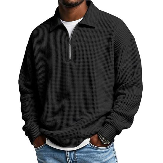 Pánská mikina Vaflová texturovaná látka Dlouhý rukáv Zapínání na zip Poloviční otevírání Klasický límec Pulovr Top Jednobarevný Volný střih Ležérní sportovní topy
